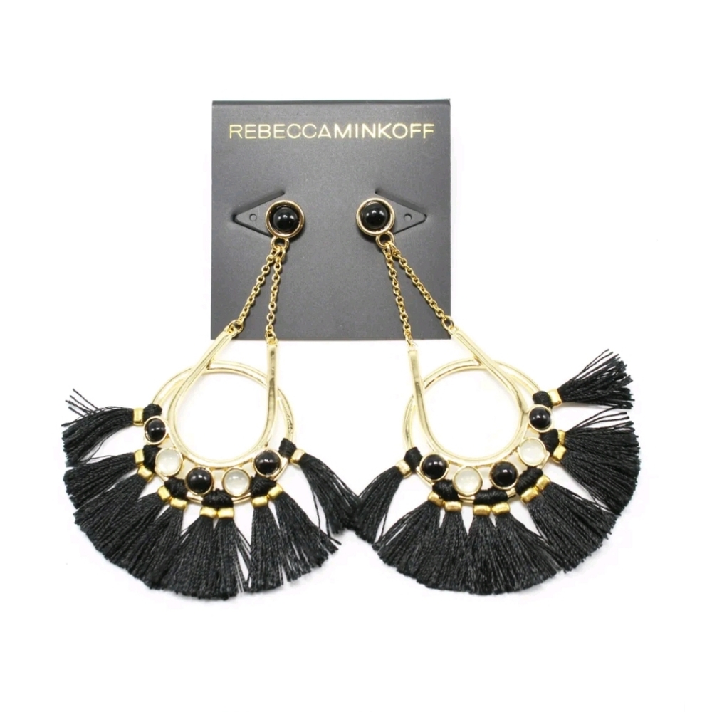 REBECCA MINKOFF ROUND GOLD TASSEL DROP EARRINGS